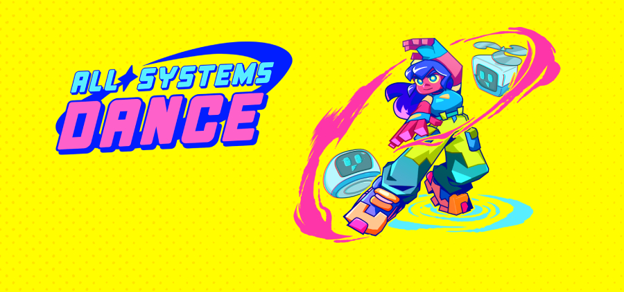 All Systems Dance Logo and key art showing Carla, a stylish and confident-looking girl, dancing with two small robots admiring her.